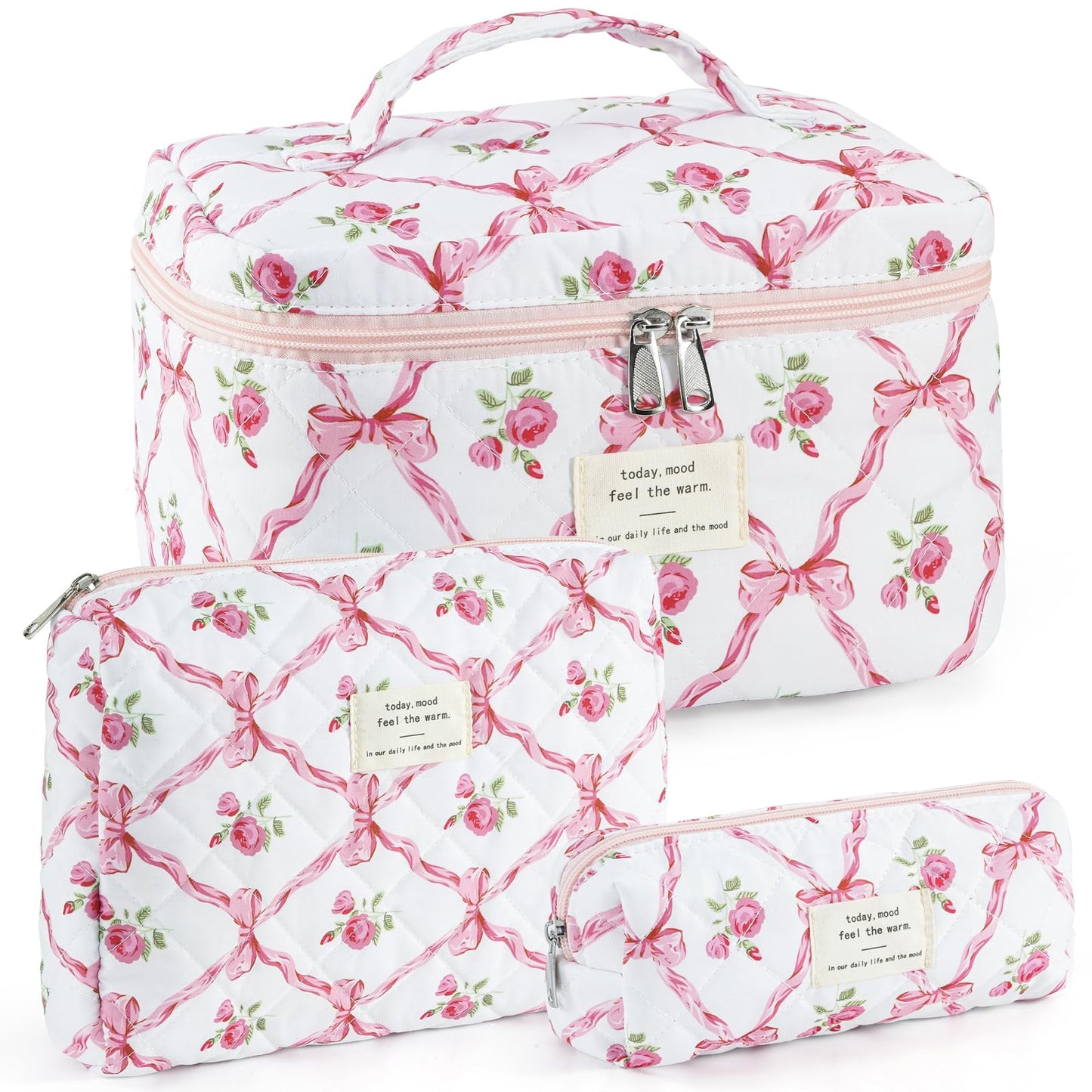 UYUUY Makeup Bag for Women 3PCS Quilted Cotton Make Up Bag Travel Cosmetic Bag Large Makeup Bag Set Cute Bow Makeup Bag Organizer