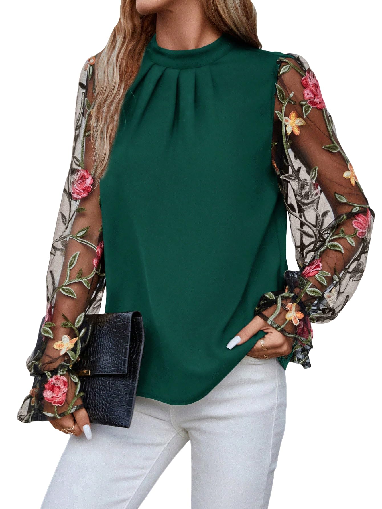 Floerns Womens Floral Embroidery Mesh Mock Neck Flare Long Sleeve Blouse Top Dark Green Medium