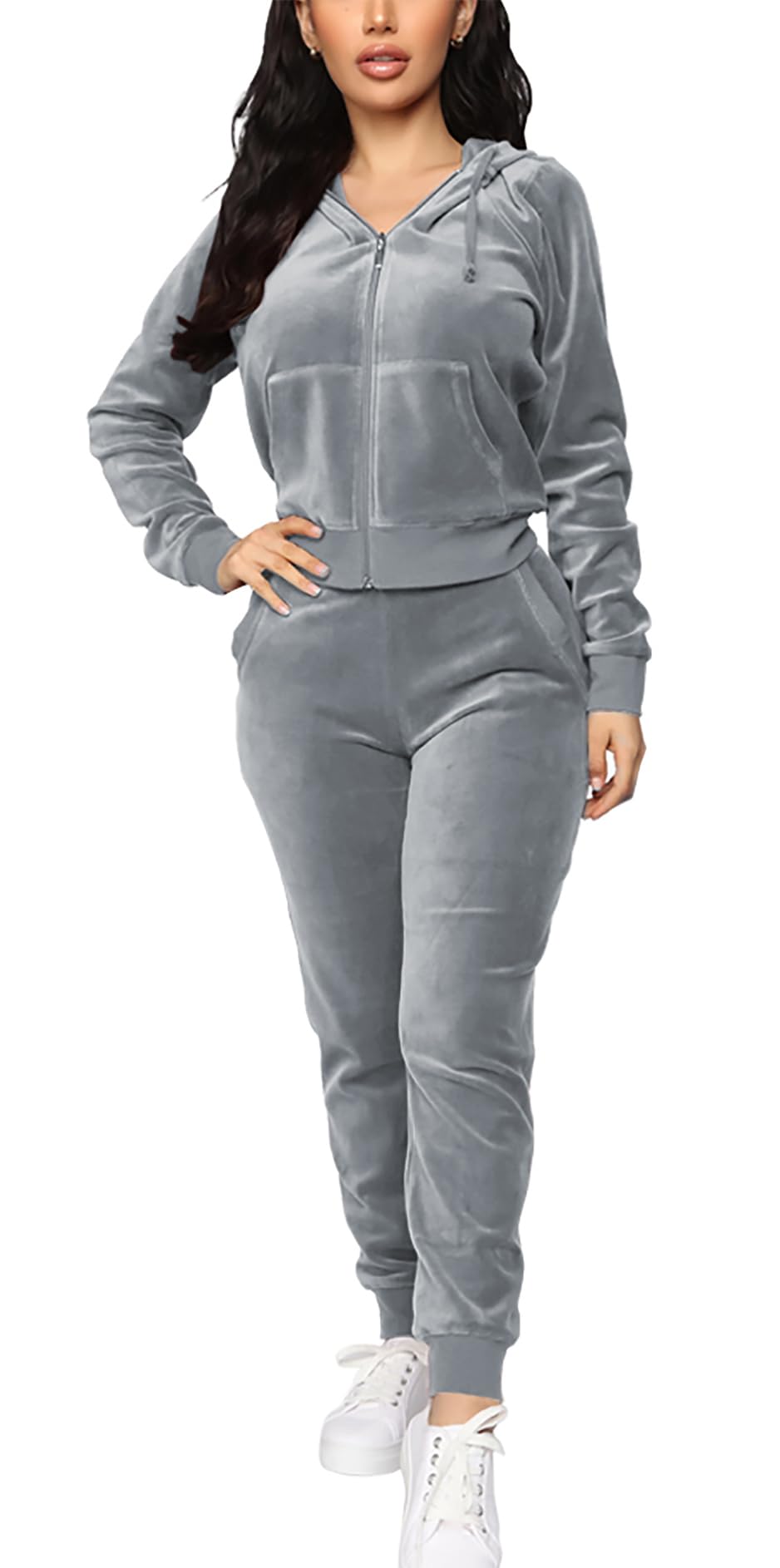 BOGURST Womens Velour Sweatsuit Set 2 Piece Long Sleeve Pullover and Jogger Sweatpants Sport Outfits Sets Grey S