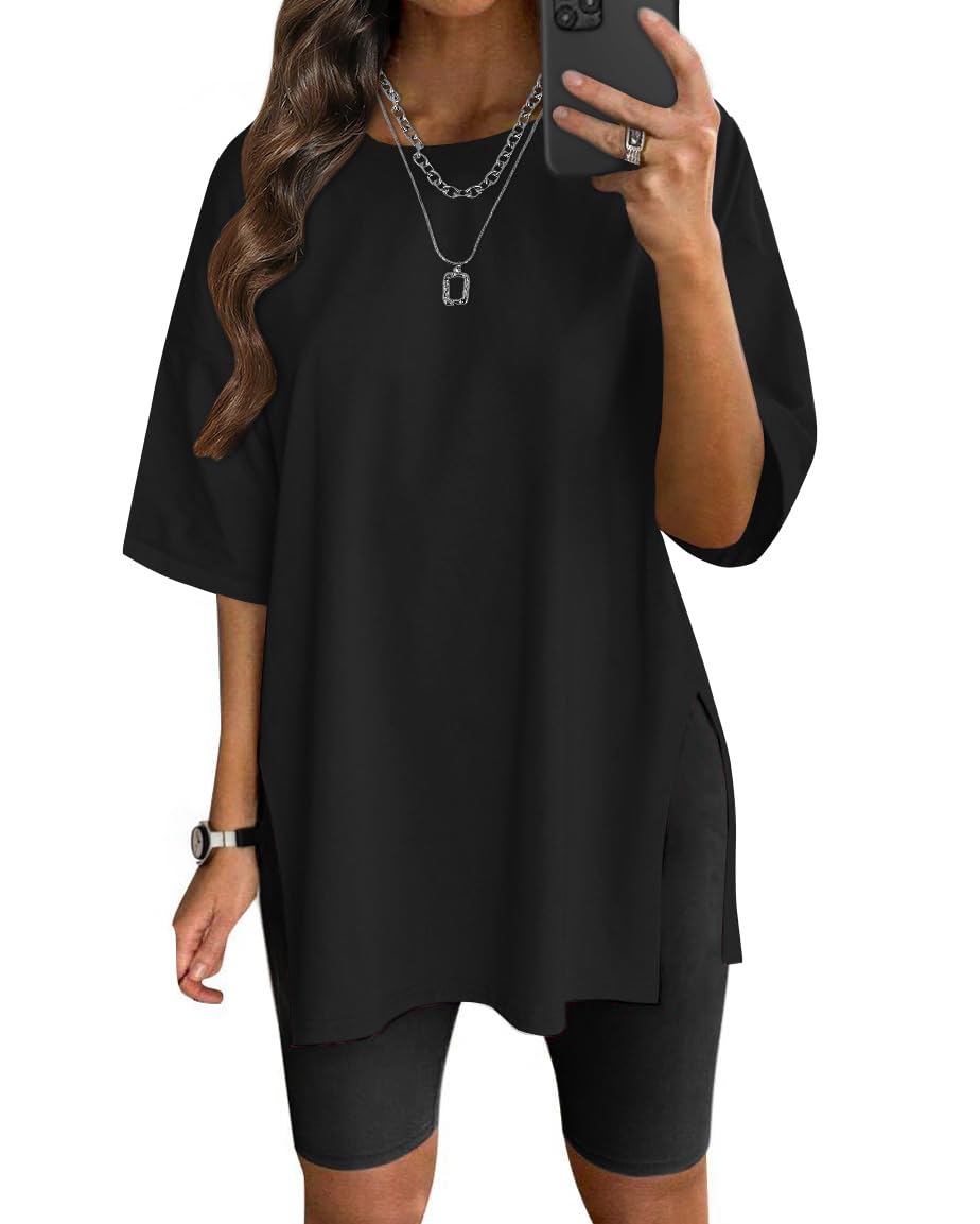 VNIRA Oversized T Shirt for Women Losse Fit Cotton Short Sleeve Workout Top Summer Casual Blouse Basic Split Hem Tee Tops Black