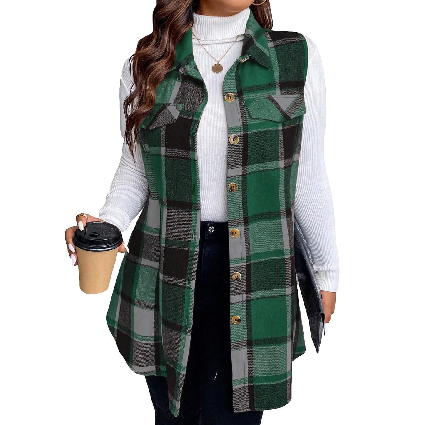 Plaid Vest for Women 2024 Trendy Casual Sleeveless Flannel Shirt Jacket Loose Lapel Button Down Coat with Pockets Green