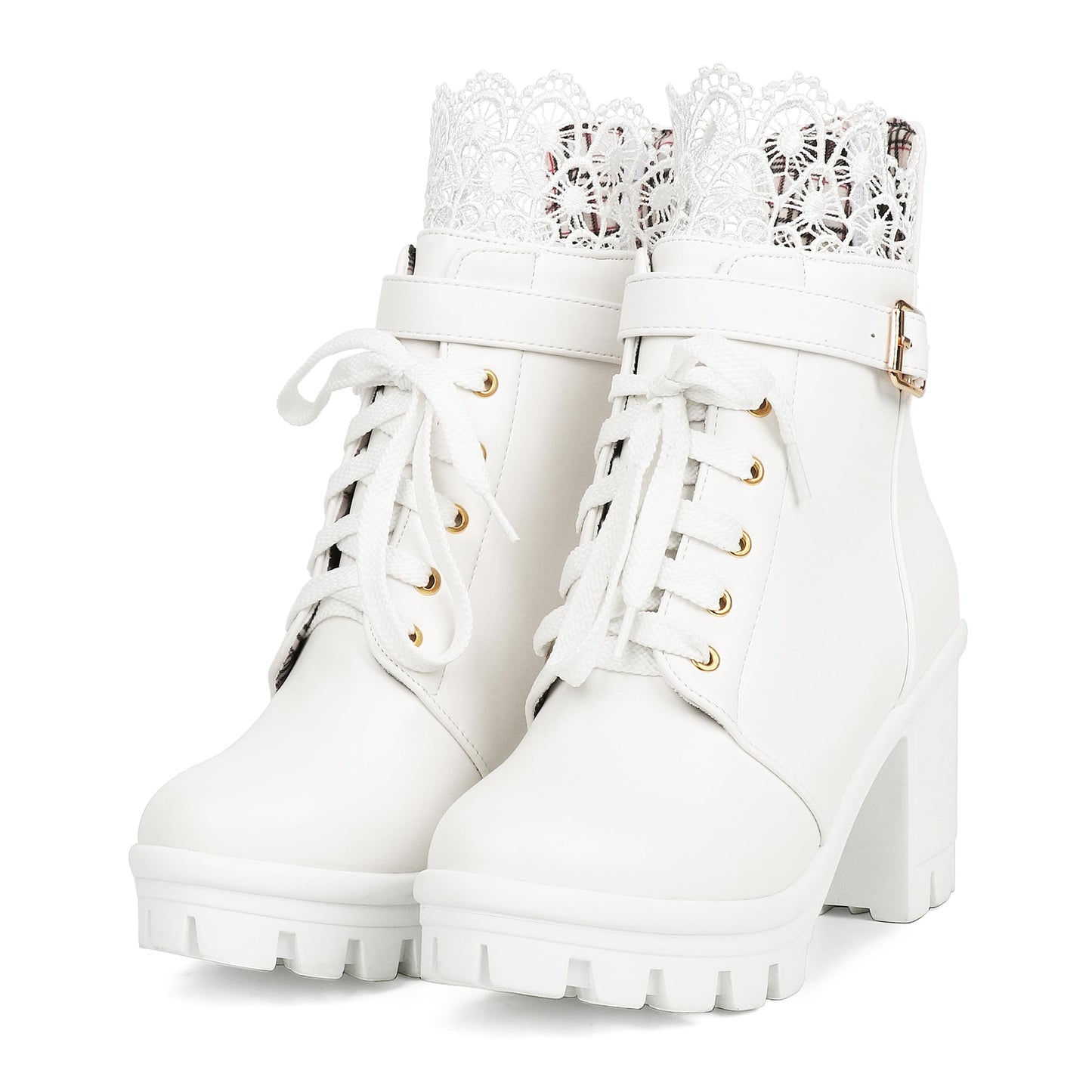 BLO BEAUPAS Womens Platform High Heels Chunky Boots Lace Up Gothic Ankle Booties Block Heel Buckle Punk White Boots for Women Shoes(White8.5)