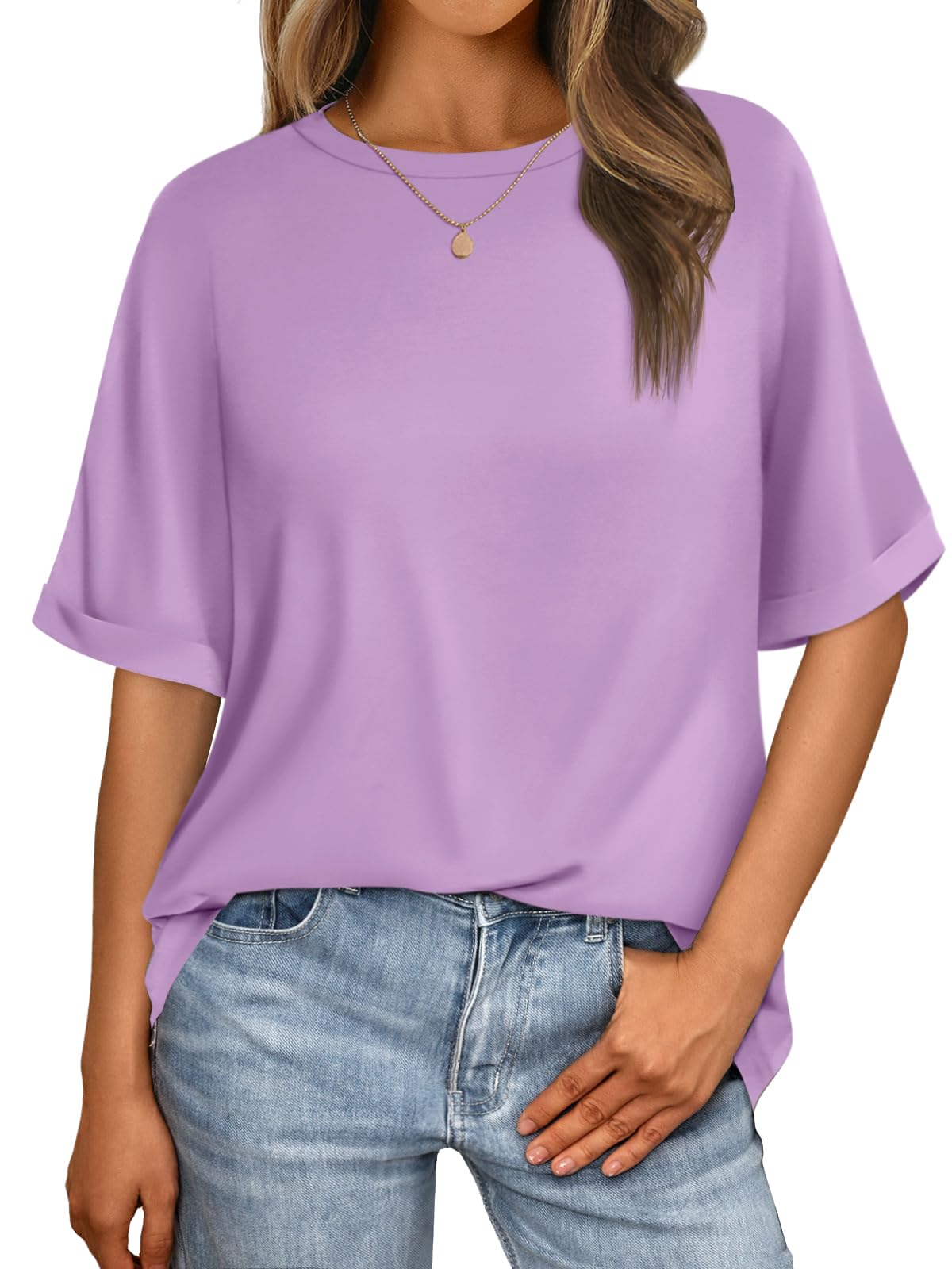 MIROMIHO Summer Blouses for Women 2025 Oversized Casual Plus Size Tops Summer Short Sleeve Tees Crewneck Basic Tee Shirts Light Purple