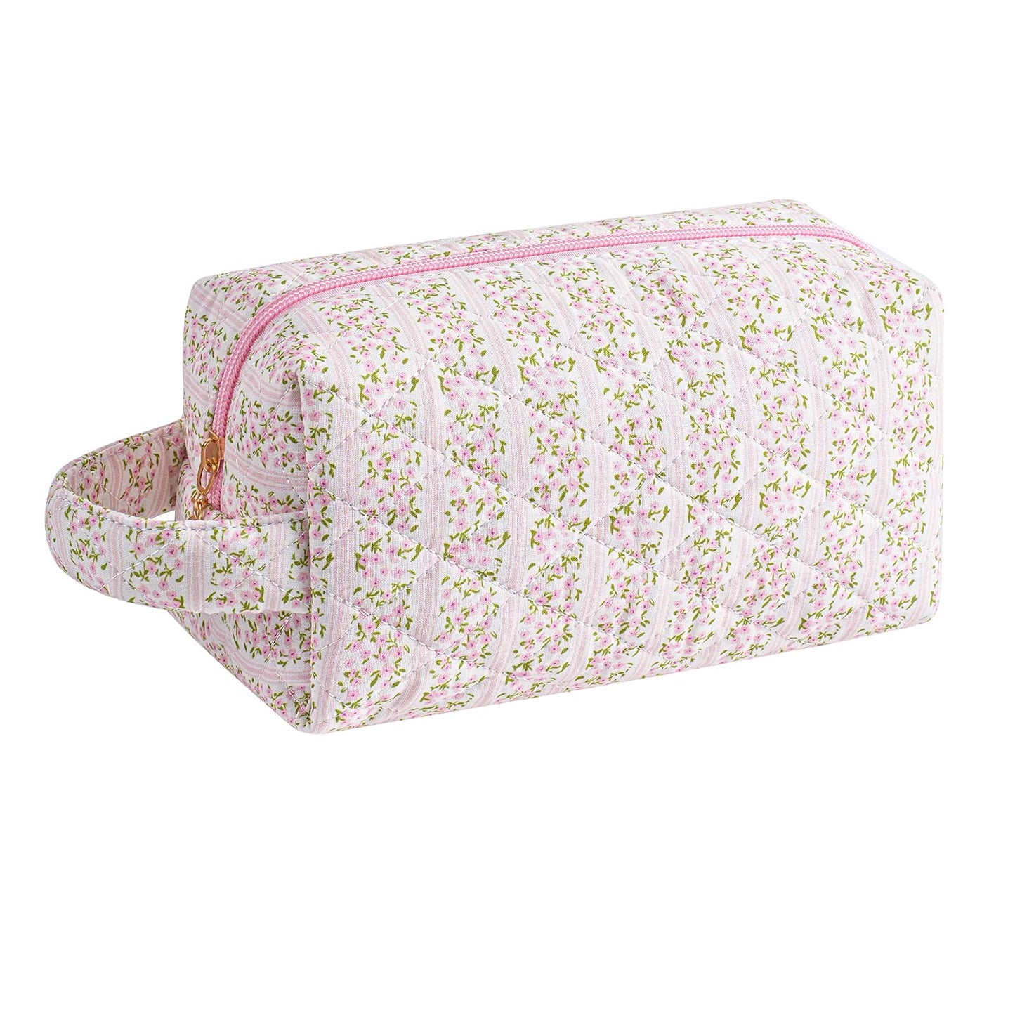 HHQQWZ Makeup Bag Travel Cosmetic Bag for Women Zipper Make Up Pouch Floral Flowers Toiletry Organizer Makeup with Handle Cosmetic Travel Cloth Bag (Pink Floral)