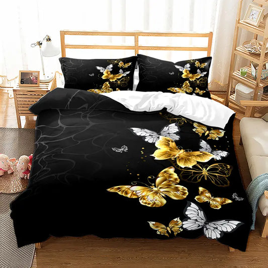 Black & Gold Butterfly Duvet Cover Set - Soft & Cozy