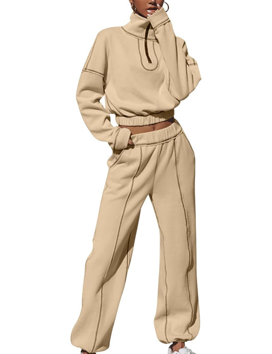 ROJZR Womens 2 Piece Outfits Sweatsuit Set Lapel Half Zip Pullover Cropped Sweatshirt Elastic Waist Sweatpants Jogger Sets(Khaki-S)