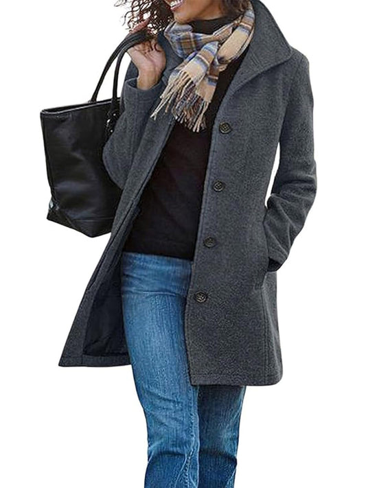 utcoco Womens Casual Thicken Single Breasted Pea Coat Stand Collar Mid Long Wool Coats with Pockets (XX-Large Grey)