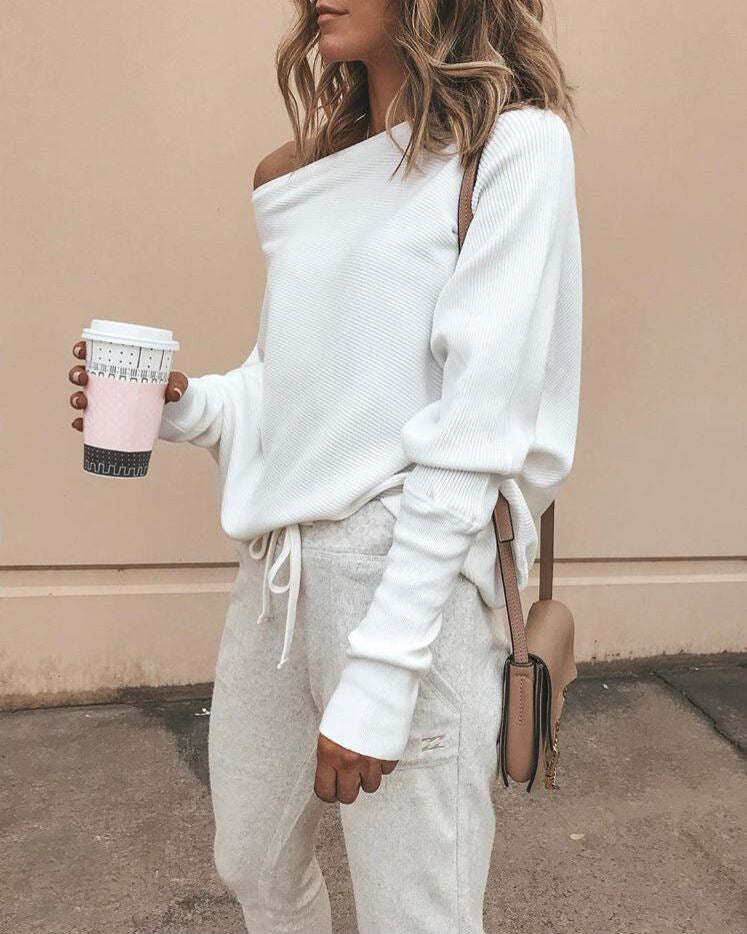 Batwing Sleeve Ribbed Off-Shoulder Top (Fall/Winter)