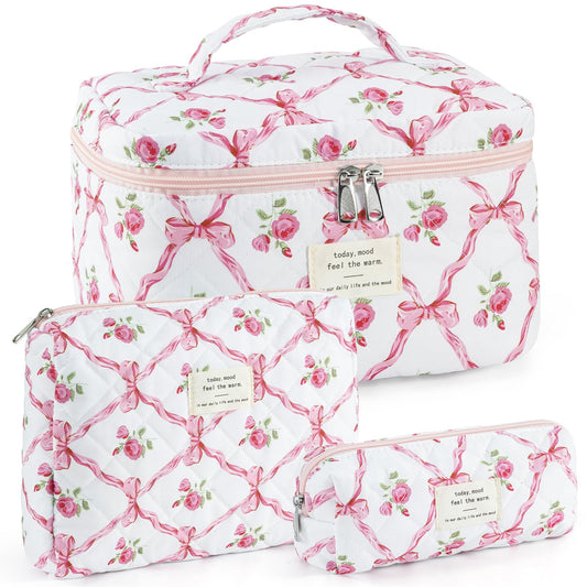 UYUUY Makeup Bag for Women 3PCS Quilted Cotton Make Up Bag Travel Cosmetic Bag Large Makeup Bag Set Cute Bow Makeup Bag Organizer