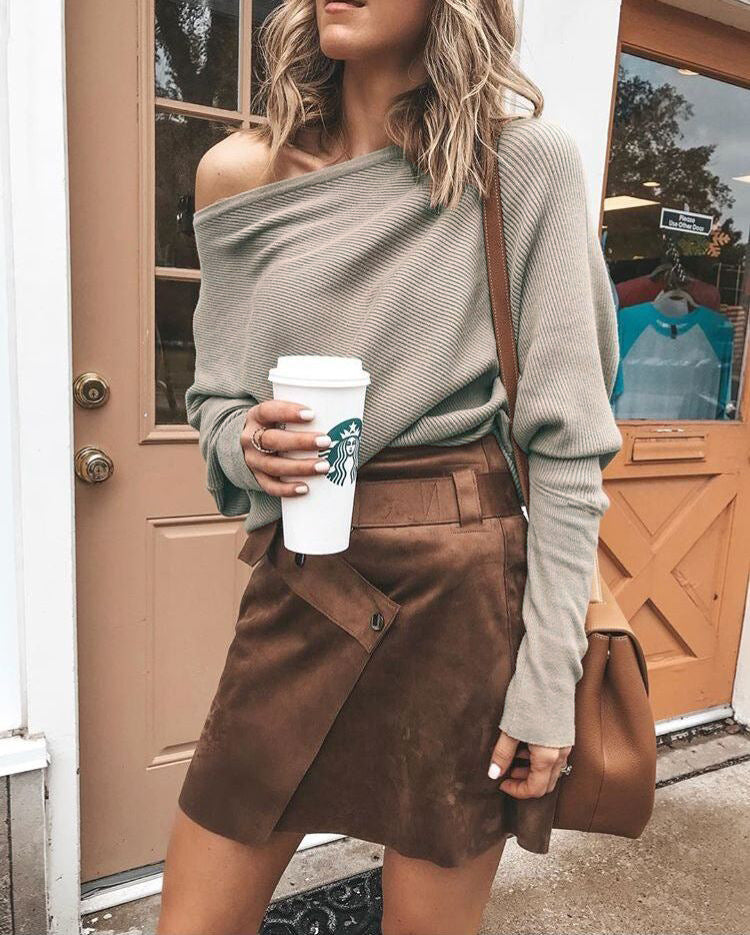 Batwing Sleeve Ribbed Off-Shoulder Top (Fall/Winter)