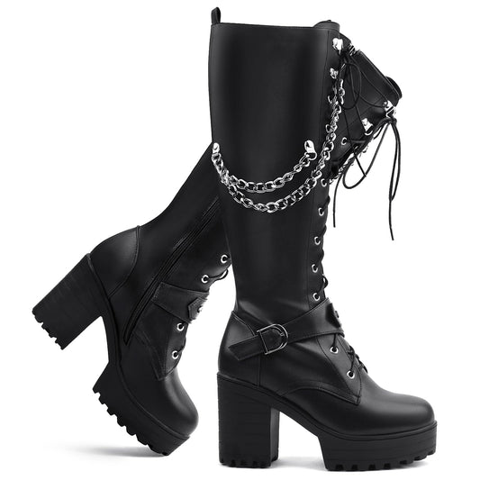 BLO Women Fashion Platform Knee High Boots Block Heels Long Boots Lace Up Winter Shoes High Heel Gothic Long Boots with Chain Black Size 44