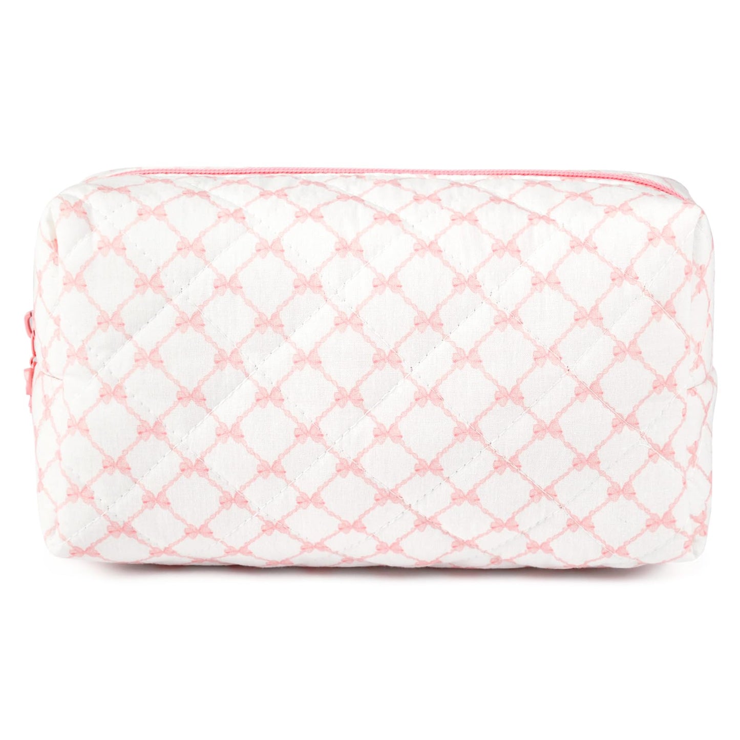 SOIDRAM Floral Makeup Bag Quilted Cosmetic Bag Cute Makeup Pouch Coquette Makeup Bag Aesthetic Travel toiletry bag Organizer Cotton Makeup Brushes Storage Bag for Women (Bow & Chain -M)