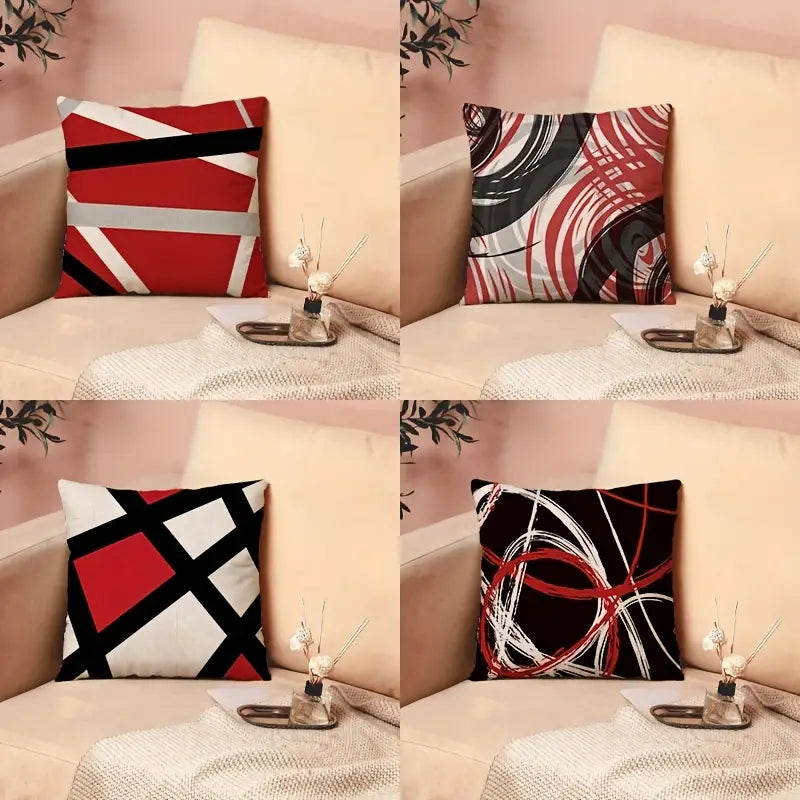 4pcs Geometric Red Black Linen Pillowcases 17.7in