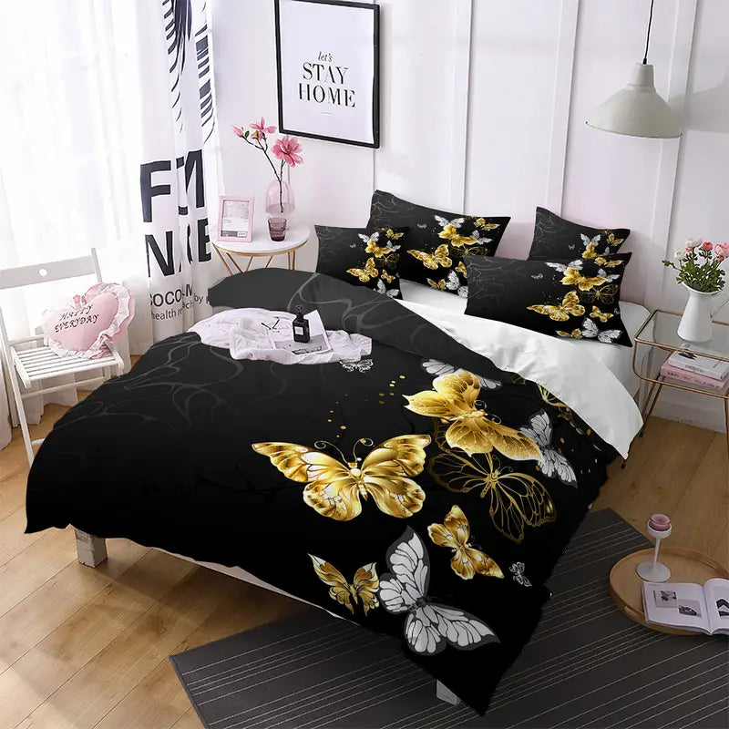 Black & Gold Butterfly Duvet Cover Set - Soft & Cozy
