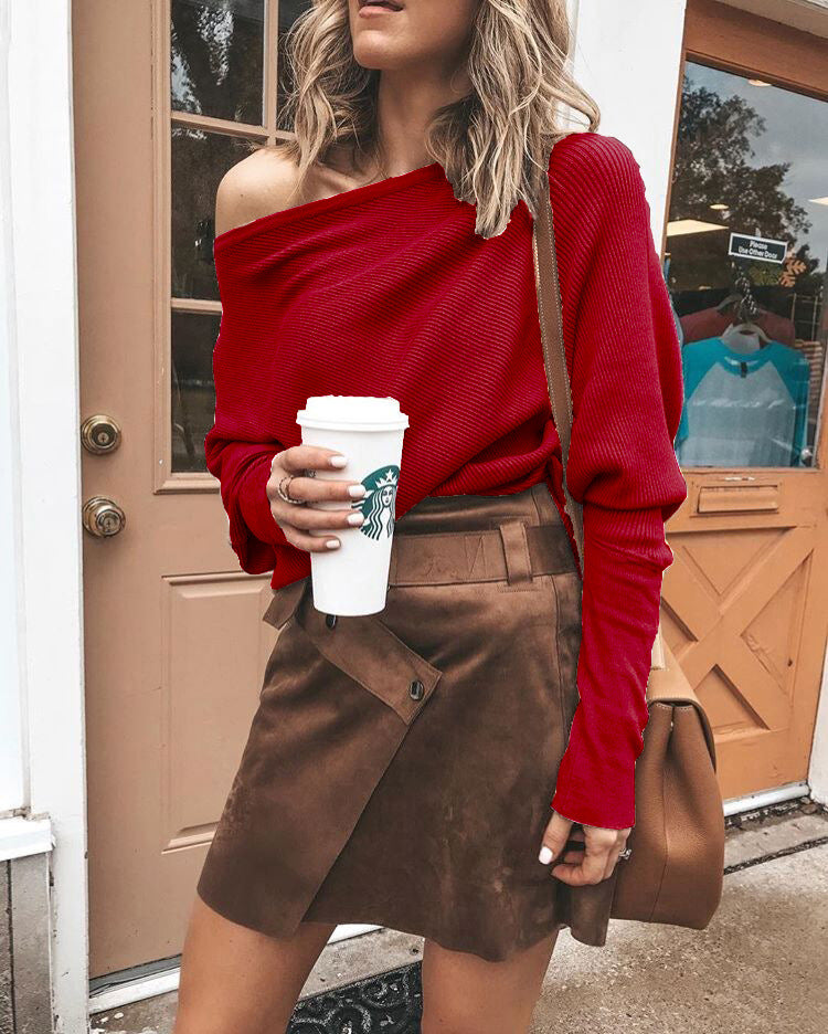Batwing Sleeve Ribbed Off-Shoulder Top (Fall/Winter)