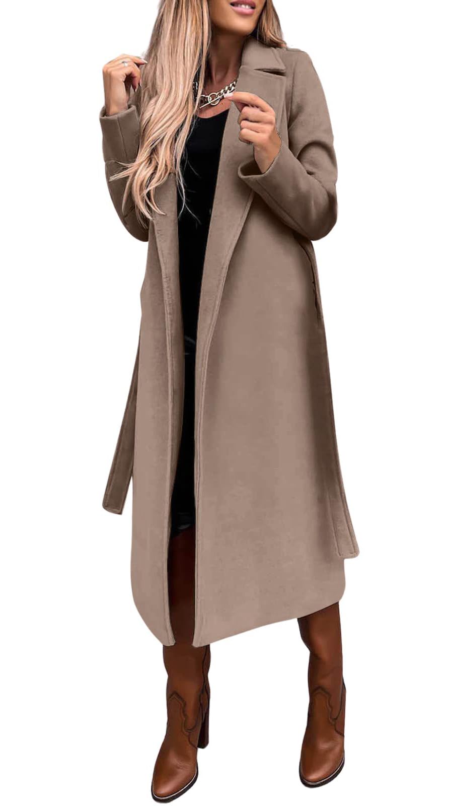 4utcoco4 Womens Long Wool Pea Coats Notched Collar Open Front Woolen Blend Trench Coat with Belt (Medium Khaki)