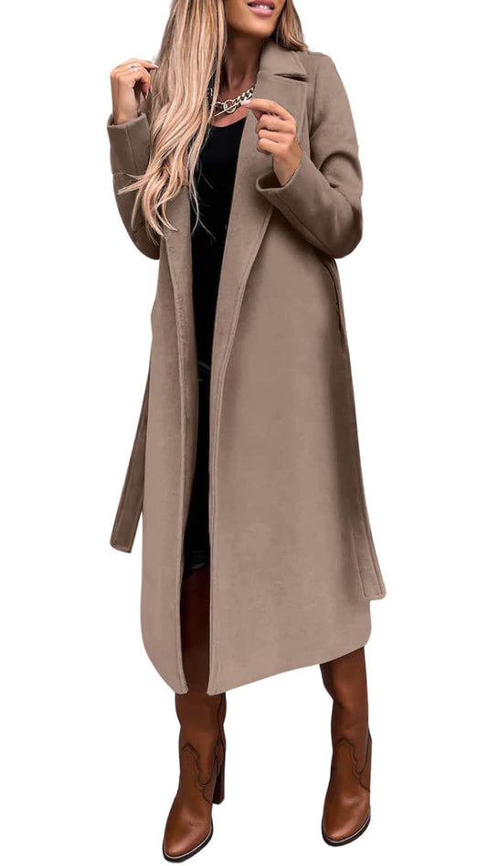 4utcoco4 Womens Long Wool Pea Coats Notched Collar Open Front Woolen Blend Trench Coat with Belt (Medium Khaki)