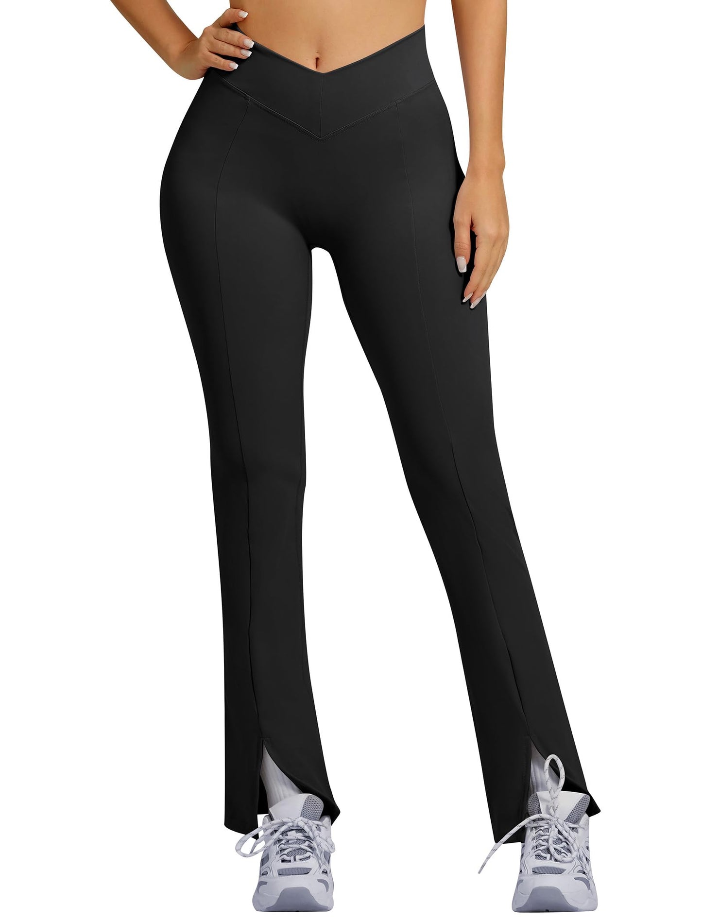 ABOCIW Crossover Flare Leggings for Women V Back Scrunch Butt Lifting Gym Workout Leggings Slipt Hem Wide Leg Bootcut High Waist Yoga Pants Black Small