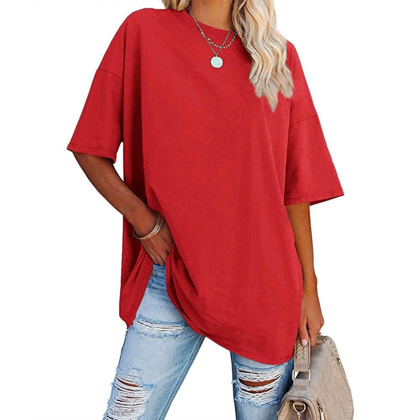 Casual Tops for Women Trendy Oversized T Shirts for Women Loose Fit Crewneck Short Sleeve Tops Summer Casual Blouse Y2K 2025 Basic Tees Red