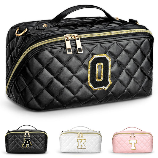 TOPEAST Gifts for Friends Female Mom Initial Makeup Bags Quilted Open Flat Cosmetic Bag Chenille Letter