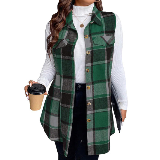 Plaid Vest for Women 2024 Trendy Casual Sleeveless Flannel Shirt Jacket Loose Lapel Button Down Coat with Pockets Green