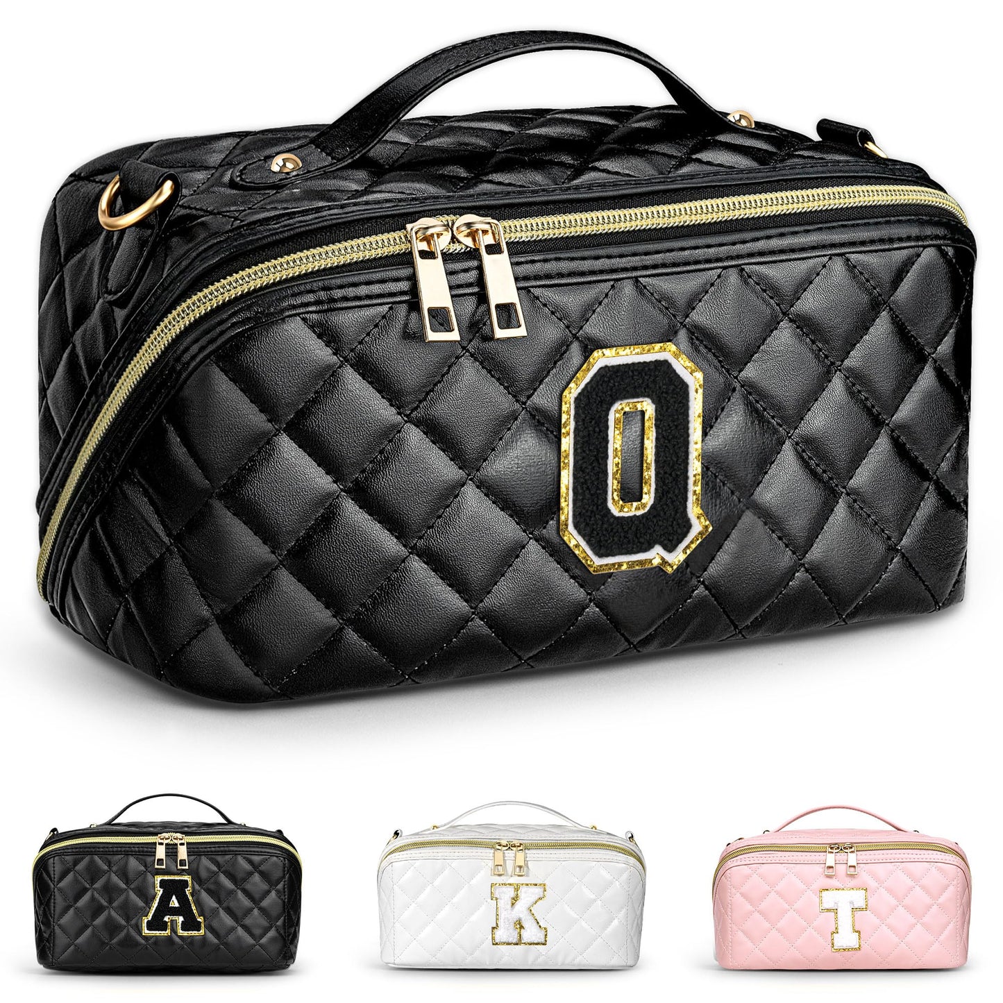 TOPEAST Gifts for Friends Female Mom Initial Makeup Bags Quilted Open Flat Cosmetic Bag Chenille Letter