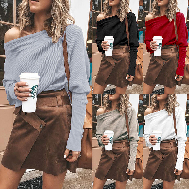 Batwing Sleeve Ribbed Off-Shoulder Top (Fall/Winter)