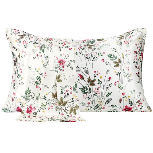 MANSPHIL White Pink Silk Pillowcase Floral Pattern Soft Silky Satin Pillow Cases for Hair and Skin Envelope Closure 22 Momme 6A Grade 100% Silk 20"x30" Queen