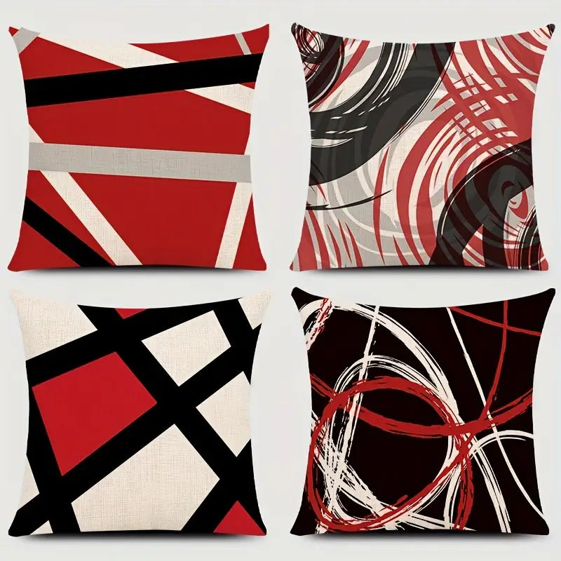 4pcs Geometric Red Black Linen Pillowcases 17.7in