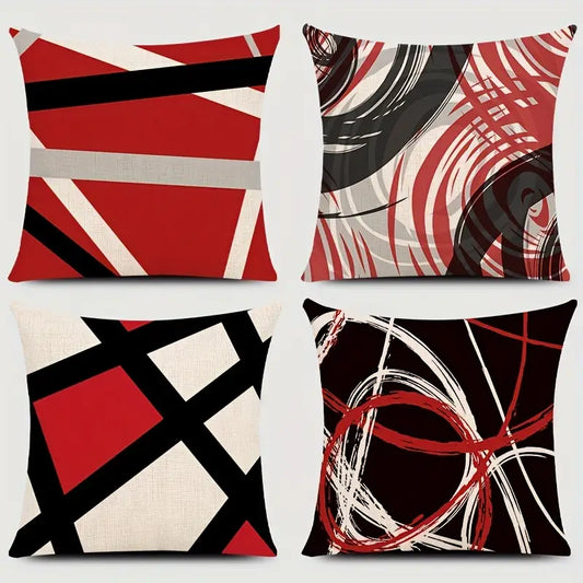 4pcs Geometric Red Black Linen Pillowcases 17.7in