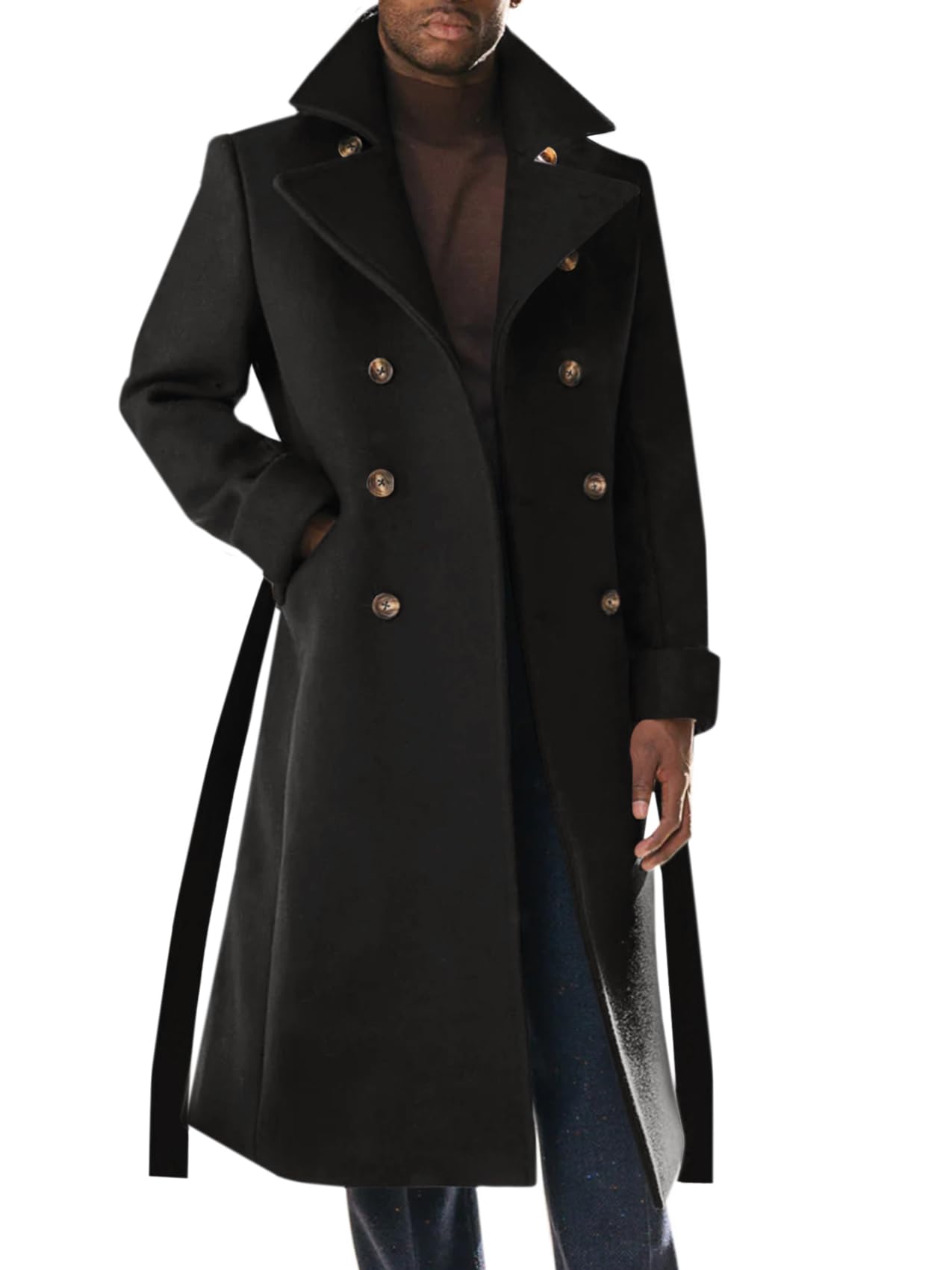 Runcati Mens Trench Coat Notch Lapel Double Breasted Belted Pea Coat Wool Blend Winter Warm Overcoat