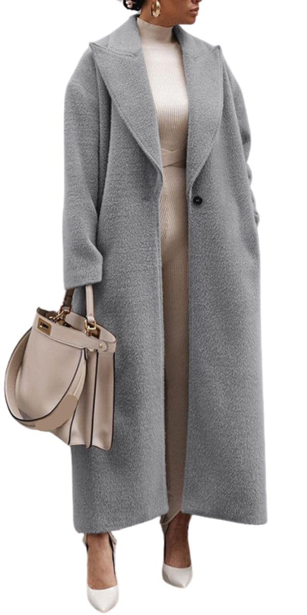 ROMRUM Womens Notch Lapel Single Breasted Pea Coats Wool Blend Maxi Trench Coat