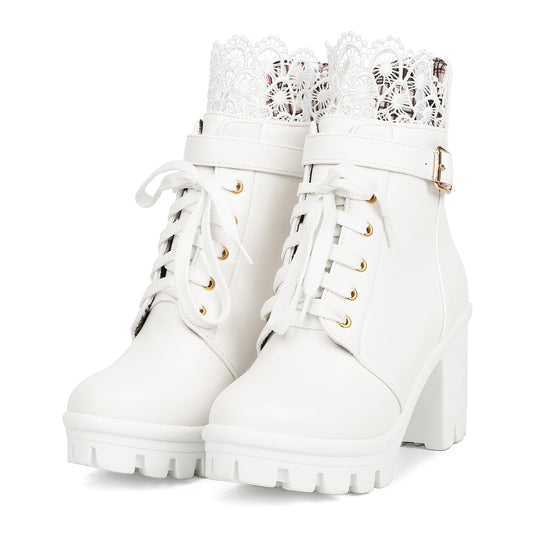 BLO BEAUPAS Womens Platform High Heels Chunky Boots Lace Up Gothic Ankle Booties Block Heel Buckle Punk White Boots for Women Shoes(White8.5)