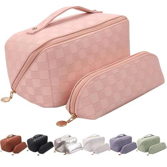 Abiudeng 2 piece Travel Makeup BagLarge Capacity Cosmetic Bags for WomenToiletry Bag for Travel EssentialsWaterproof Portable Pouch Open Flat Makeup bag Organizer with Divider and Handle(Pink Grid)