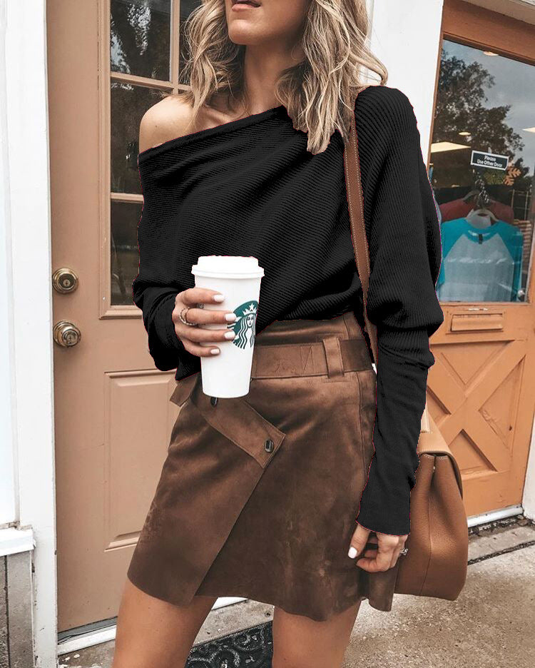 Batwing Sleeve Ribbed Off-Shoulder Top (Fall/Winter)