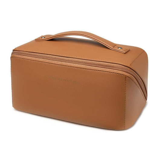 zaleeta Travel Makeup Bag Large Capacity Cosmetic Organizer Bags for Women Waterproof PU Leather Toiletry Bags Wide Open Flat Makeup Case with Divider and Handle