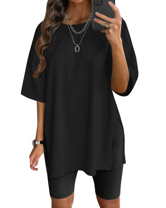 VNIRA Oversized T Shirt for Women Losse Fit Cotton Short Sleeve Workout Top Summer Casual Blouse Basic Split Hem Tee Tops Black