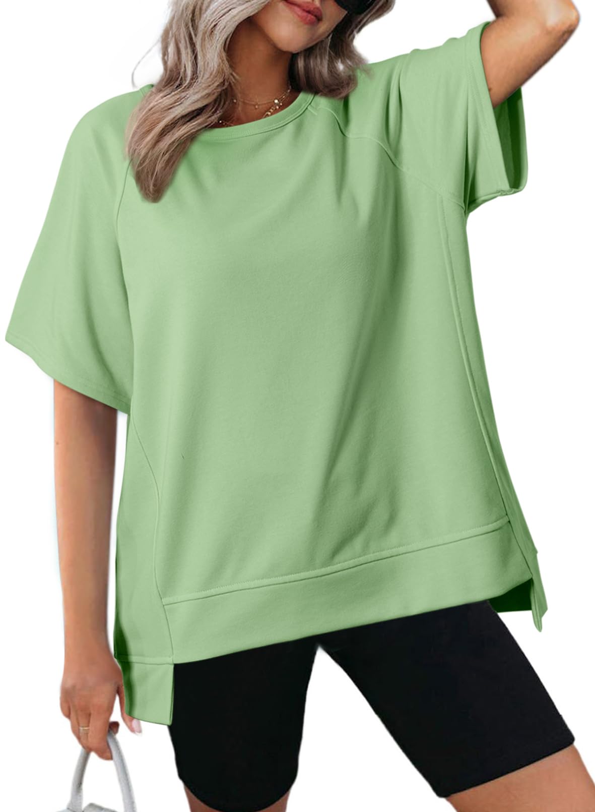 Dokotoo Womens Oversized T Shirts Short Sleeve Crewneck Summer Tops Pullover Cute Sweatshirts Casual Loose Basic Tee Shirts 2025 Trendy Clothes High Low Uneven Hem Solid Color Blouses Green Small