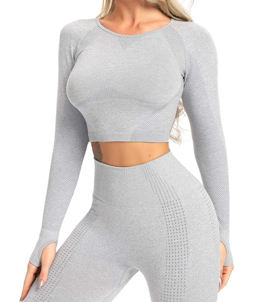 KIWI RATA Women Seamless Long Sleeve Yoga Gym Crop Top Thumb Hole Fitted Sportwear Activewear Shirts