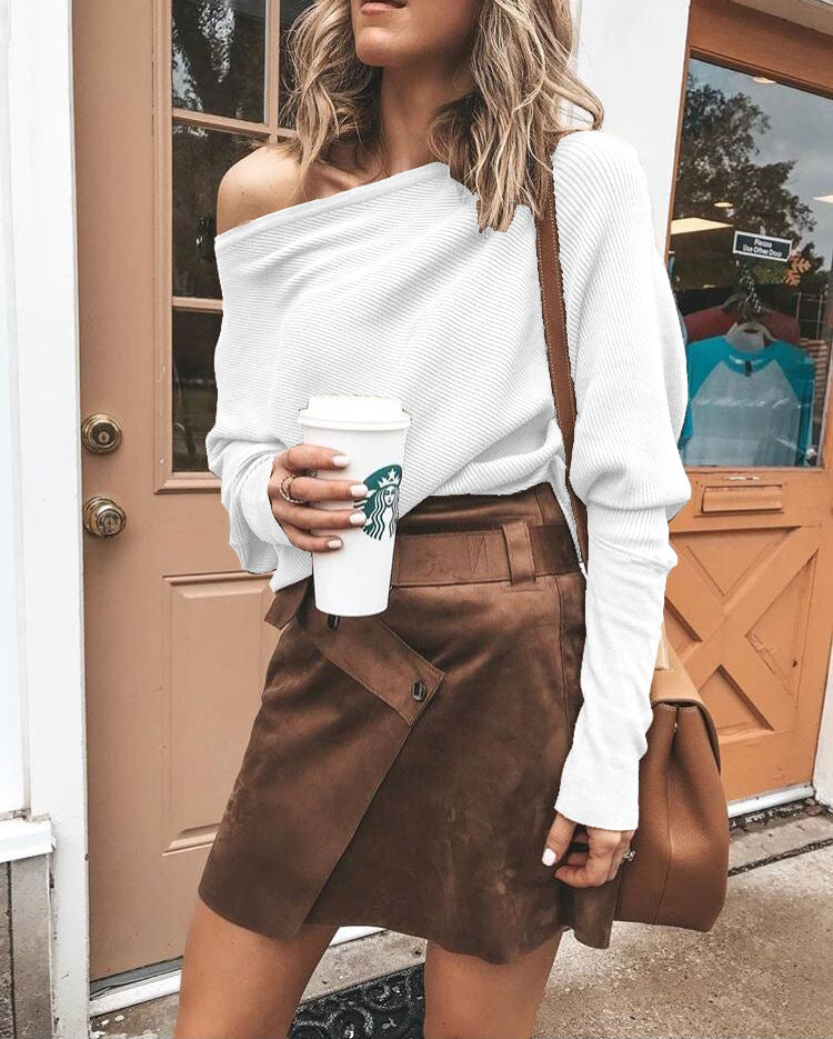 Batwing Sleeve Ribbed Off-Shoulder Top (Fall/Winter)