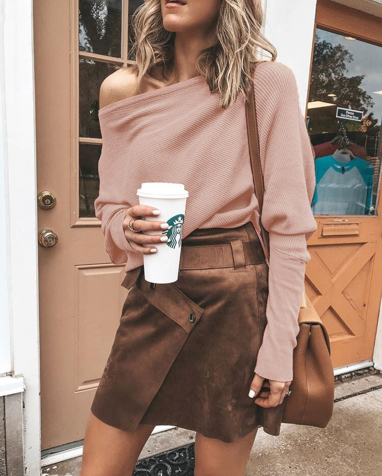 Batwing Sleeve Ribbed Off-Shoulder Top (Fall/Winter)