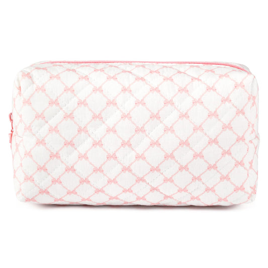 SOIDRAM Floral Makeup Bag Quilted Cosmetic Bag Cute Makeup Pouch Coquette Makeup Bag Aesthetic Travel toiletry bag Organizer Cotton Makeup Brushes Storage Bag for Women (Bow & Chain -M)